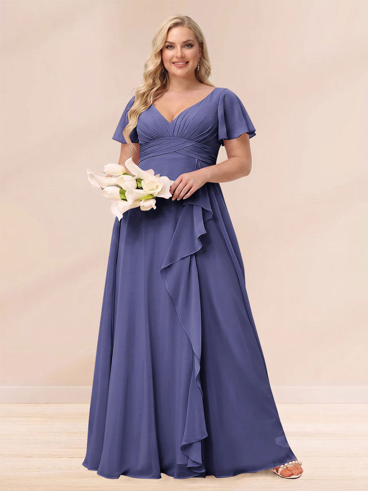 A-Line/Princess V-Neck Long Plus size Bridesmaid Dresses with Ruffles