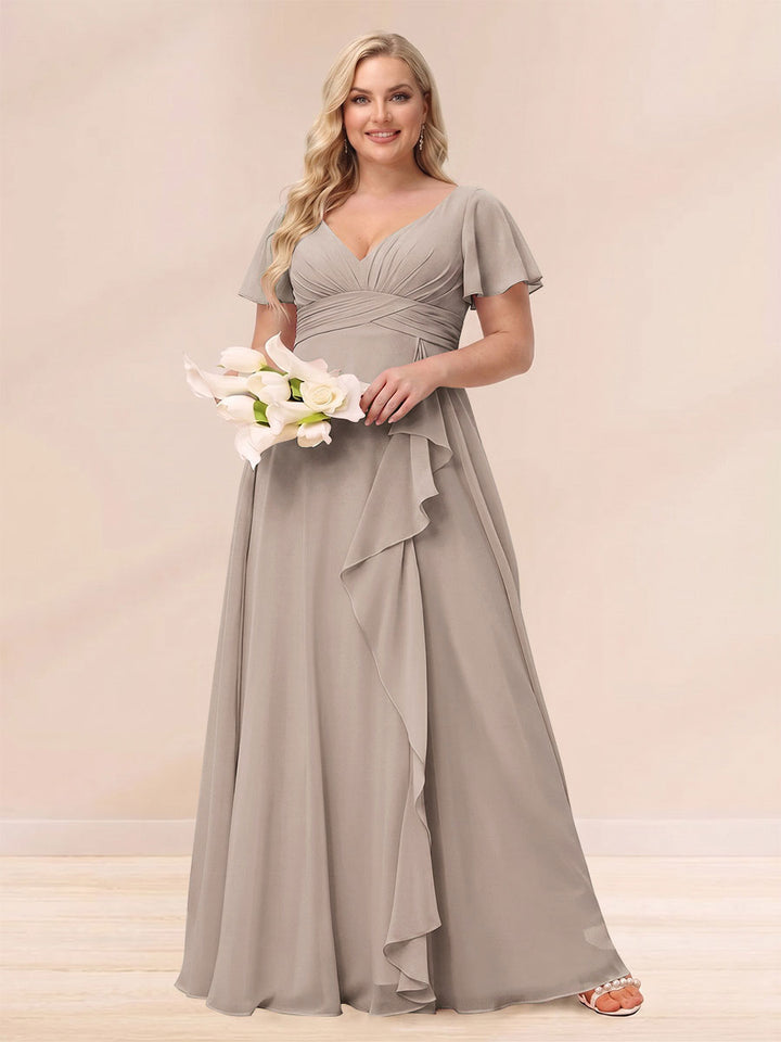 A-Line/Princess V-Neck Long Plus size Bridesmaid Dresses with Ruffles