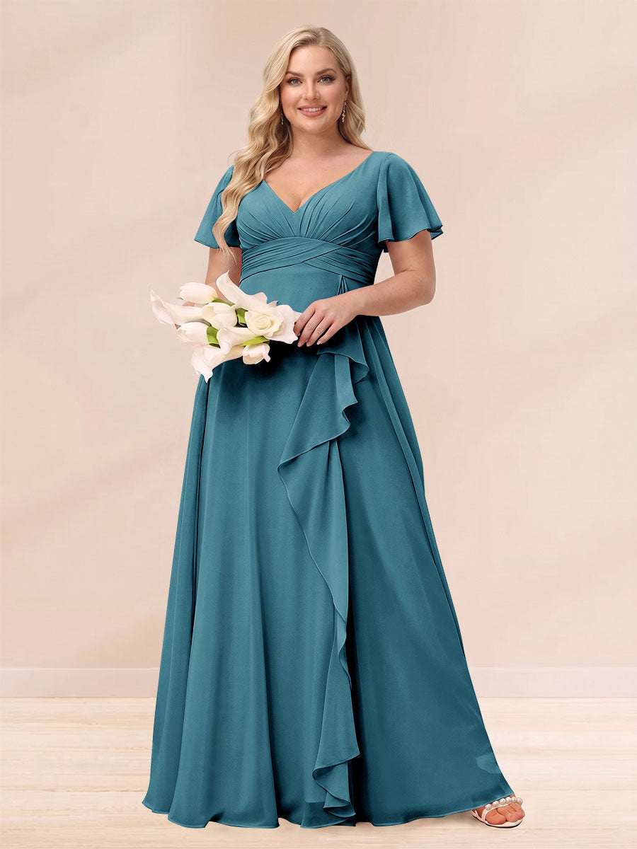 A-Line/Princess V-Neck Long Plus size Bridesmaid Dresses with Ruffles