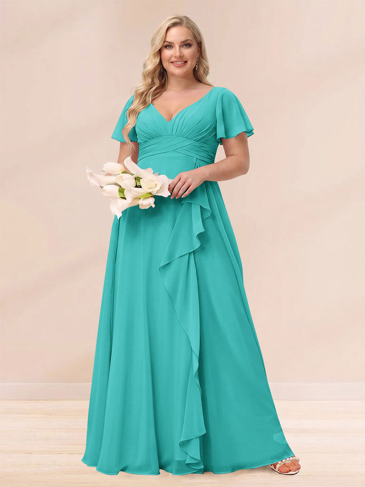 A-Line/Princess V-Neck Long Plus size Bridesmaid Dresses with Ruffles