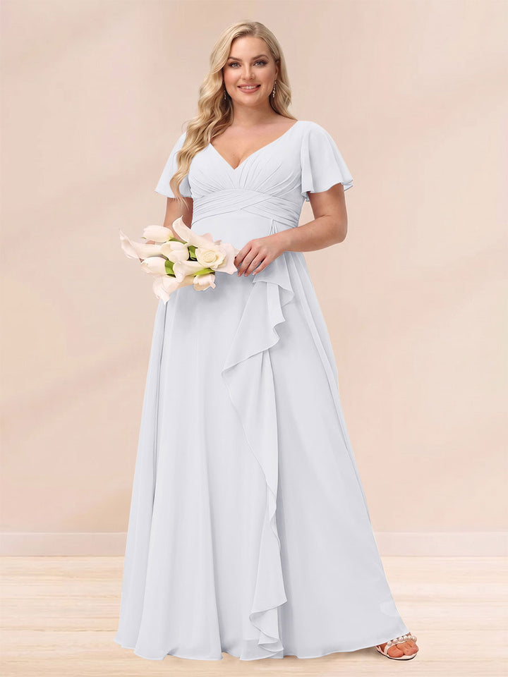 A-Line/Princess V-Neck Long Plus size Bridesmaid Dresses with Ruffles