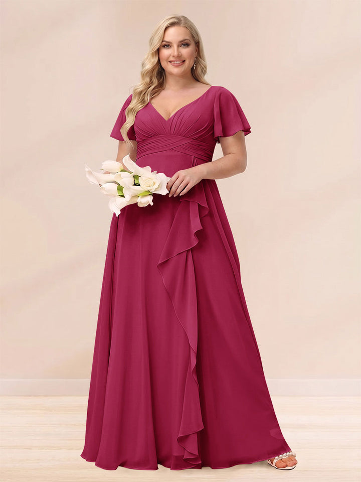 A-Line/Princess V-Neck Long Plus size Bridesmaid Dresses with Ruffles