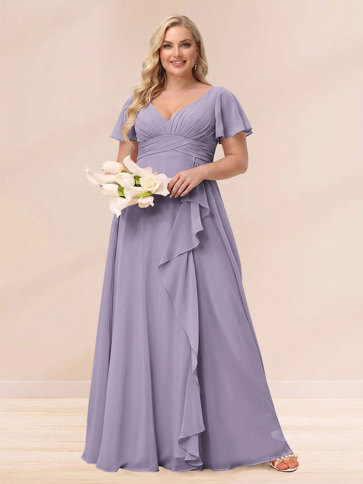 A-Line/Princess V-Neck Long Plus size Bridesmaid Dresses with Ruffles