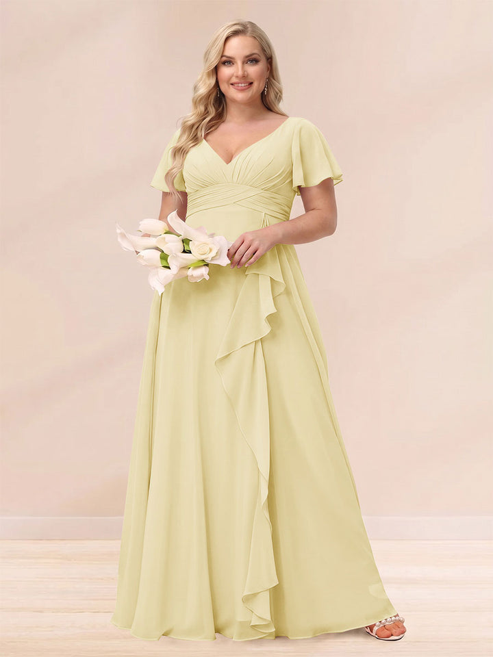 A-Line/Princess V-Neck Long Plus size Bridesmaid Dresses with Ruffles