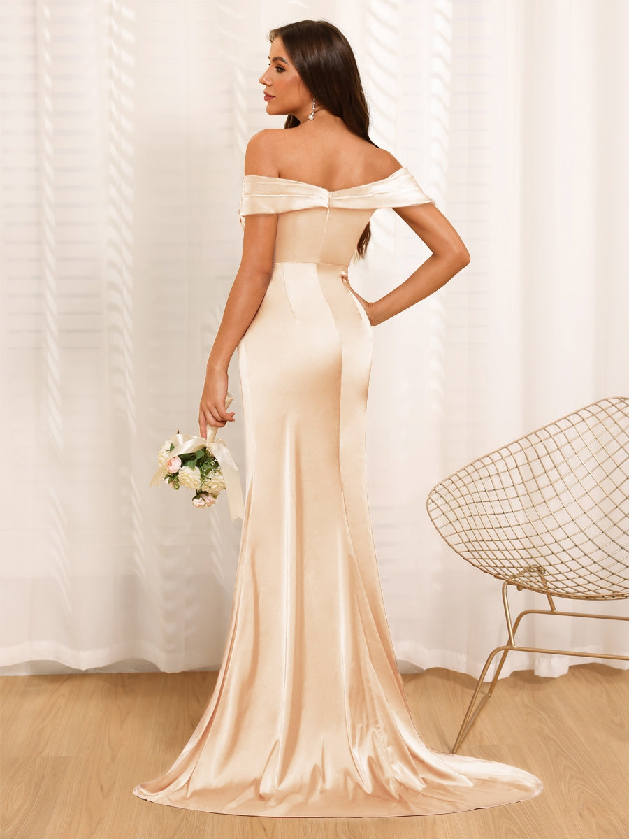 Sheath/Column Off-The-Shoulder Long Formal Dresses with Split Side &amp; Ruched