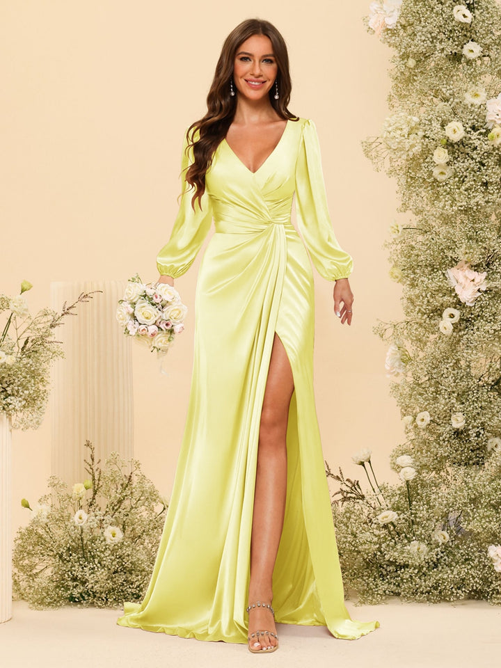 Sheath/Column V-Neck Long Sleeves Formal Dresses with Split Side &amp; Ruched