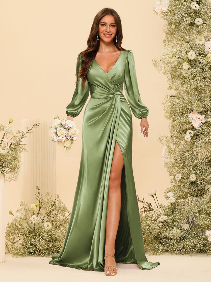 Sheath/Column V-Neck Long Sleeves Formal Dresses with Split Side &amp; Ruched
