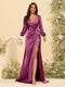 Sheath/Column V-Neck Long Sleeves Formal Dresses with Split Side & Ruched
