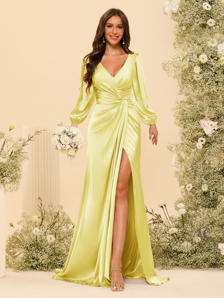 Sheath/Column V-Neck Long Sleeves Formal Dresses with Split Side &amp; Ruched