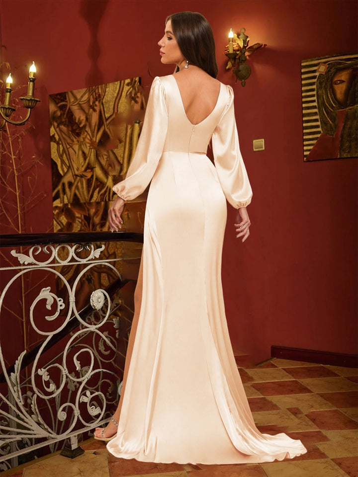 Sheath/Column V-Neck Long Sleeves Evening Dresses with Split Side &amp; Ruched