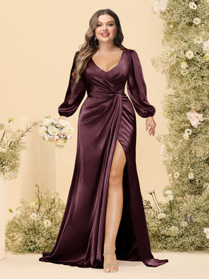 Sheath/Column V-Neck Long Sleeves Formal Plus Size Dresses with Split Side & Ruched