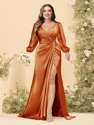 Sheath/Column V-Neck Long Sleeves Formal Plus Size Dresses with Split Side & Ruched