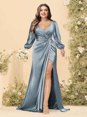 Sheath/Column V-Neck Long Sleeves Formal Plus Size Dresses with Split Side & Ruched