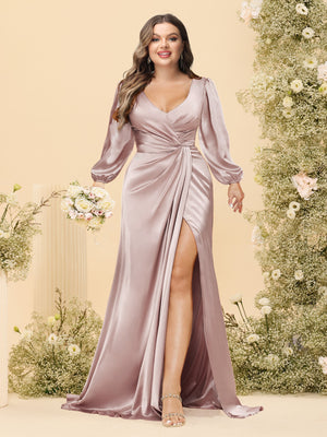 Sheath/Column V-Neck Long Sleeves Formal Plus Size Dresses with Split Side & Ruched