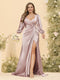 Sheath/Column V-Neck Long Sleeves Formal Plus Size Dresses with Split Side & Ruched
