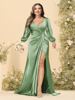 Sheath/Column V-Neck Long Sleeves Formal Plus Size Dresses with Split Side & Ruched