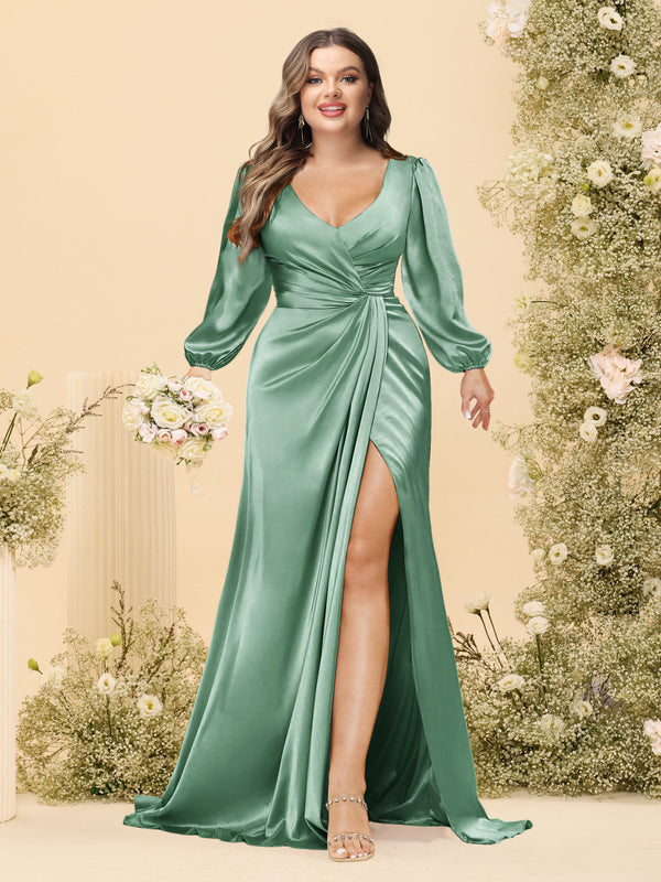 Sheath/Column V-Neck Long Sleeves Formal Plus Size Dresses with Split Side & Ruched