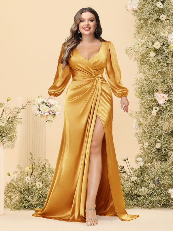 Sheath/Column V-Neck Long Sleeves Formal Plus Size Dresses with Split Side & Ruched