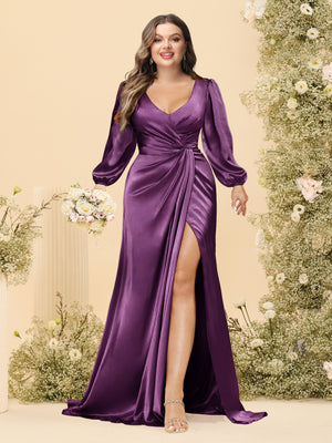 Sheath/Column V-Neck Long Sleeves Formal Plus Size Dresses with Split Side & Ruched