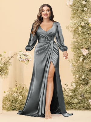 Sheath/Column V-Neck Long Sleeves Formal Plus Size Dresses with Split Side & Ruched