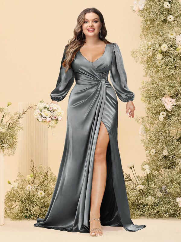 Sheath/Column V-Neck Long Sleeves Formal Plus Size Dresses with Split Side & Ruched