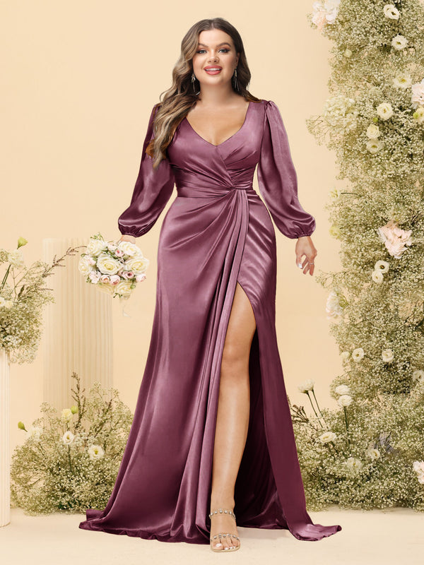 Sheath/Column V-Neck Long Sleeves Formal Plus Size Dresses with Split Side & Ruched