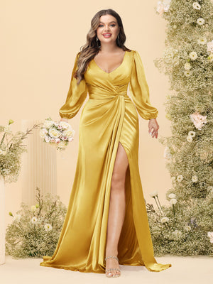 Sheath/Column V-Neck Long Sleeves Formal Plus Size Dresses with Split Side & Ruched