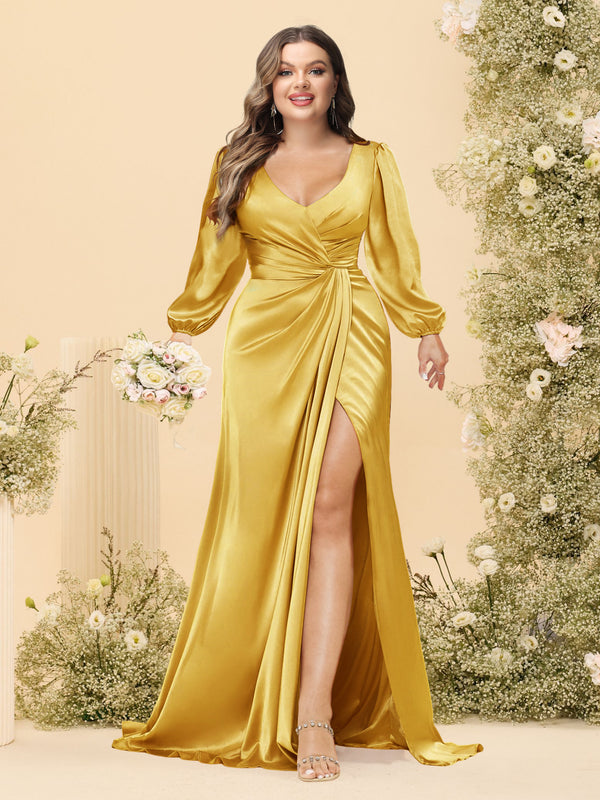 Sheath/Column V-Neck Long Sleeves Formal Plus Size Dresses with Split Side & Ruched