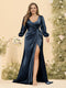 Sheath/Column V-Neck Long Sleeves Formal Plus Size Dresses with Split Side & Ruched