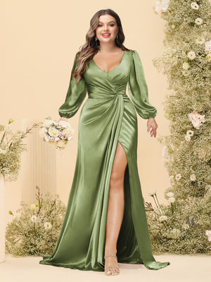 Sheath/Column V-Neck Long Sleeves Formal Plus Size Dresses with Split Side & Ruched