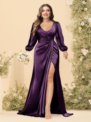 Sheath/Column V-Neck Long Sleeves Formal Plus Size Dresses with Split Side & Ruched