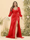 Sheath/Column V-Neck Long Sleeves Formal Plus Size Dresses with Split Side & Ruched