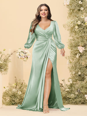 Sheath/Column V-Neck Long Sleeves Formal Plus Size Dresses with Split Side & Ruched