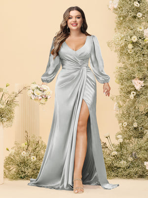 Sheath/Column V-Neck Long Sleeves Formal Plus Size Dresses with Split Side & Ruched