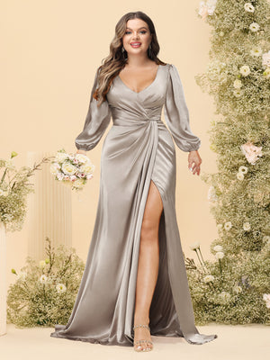 Sheath/Column V-Neck Long Sleeves Formal Plus Size Dresses with Split Side & Ruched