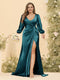 Sheath/Column V-Neck Long Sleeves Formal Plus Size Dresses with Split Side & Ruched