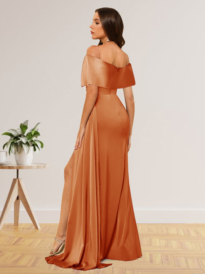 Sheath/Column Off-the-Shoulder Long Formal Dresses with Split Side &amp; Ruched