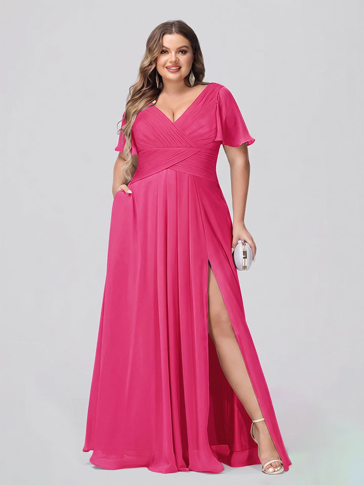 A Line/Princess V-Neck Short Sleeves Plus Size Bridesmaid Dresses with Split Side