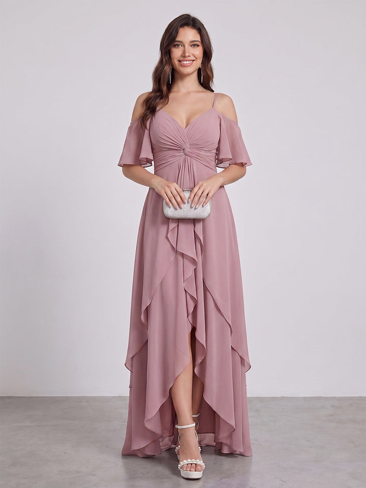 A-Line/Princess Spaghetti Straps Half Sleeves V-Neck Bridesmaid Dresses With Ruffles