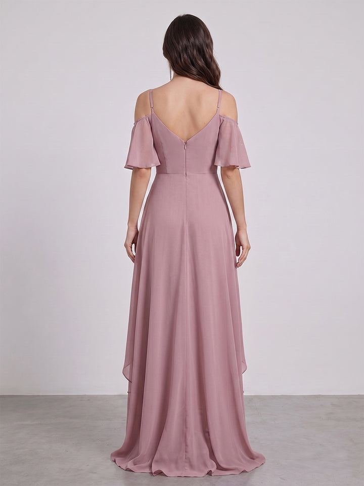 A-Line/Princess Spaghetti Straps Half Sleeves V-Neck Bridesmaid Dresses With Ruffles