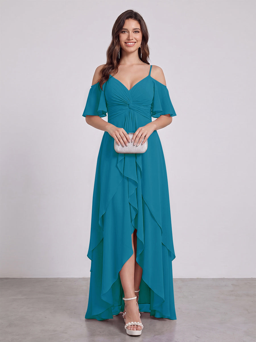 A-Line/Princess Spaghetti Straps Half Sleeves V-Neck Bridesmaid Dresses With Ruffles