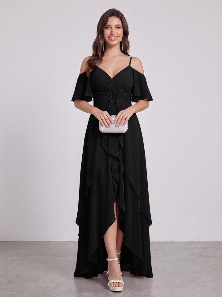 A-Line/Princess Spaghetti Straps Half Sleeves V-Neck Bridesmaid Dresses With Ruffles
