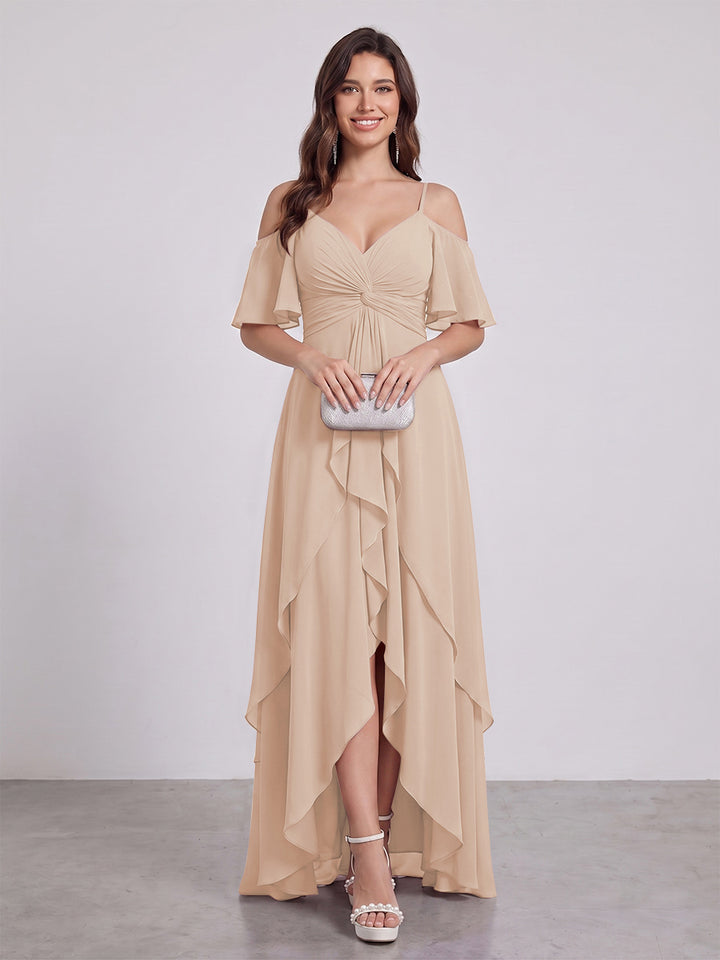 A-Line/Princess Spaghetti Straps Half Sleeves V-Neck Bridesmaid Dresses With Ruffles