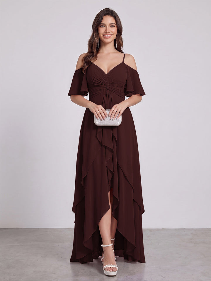 A-Line/Princess Spaghetti Straps Half Sleeves V-Neck Bridesmaid Dresses With Ruffles