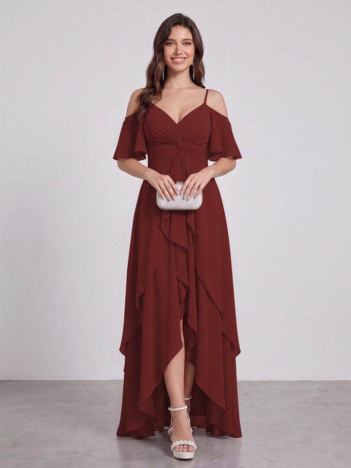 A-Line/Princess Spaghetti Straps Half Sleeves V-Neck Bridesmaid Dresses With Ruffles