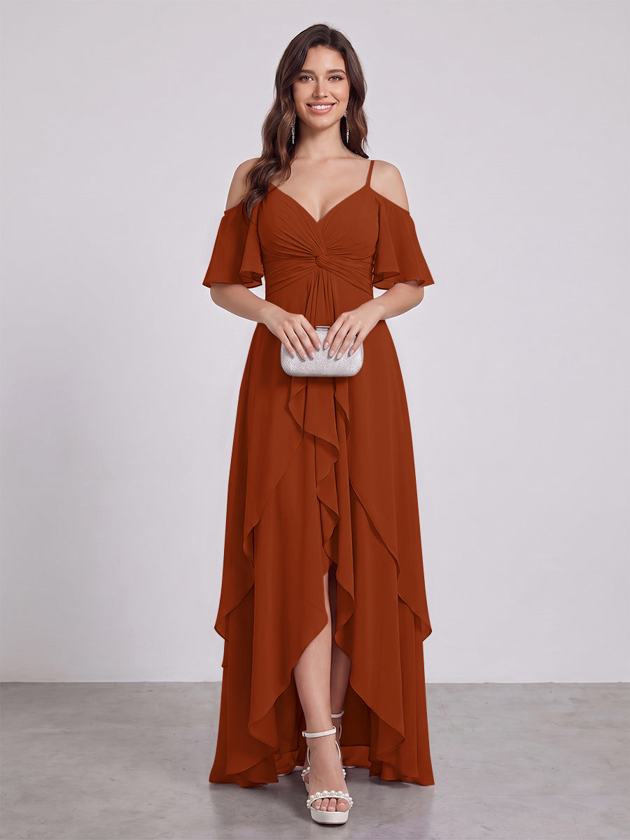 A-Line/Princess Spaghetti Straps Half Sleeves V-Neck Bridesmaid Dresses With Ruffles