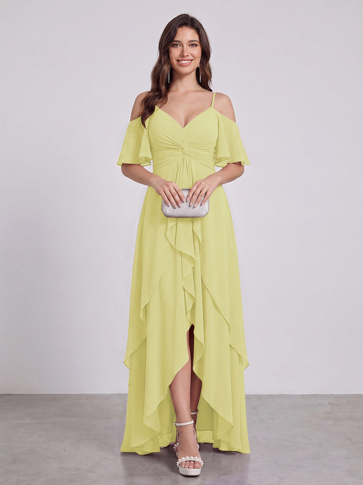 A-Line/Princess Spaghetti Straps Half Sleeves V-Neck Bridesmaid Dresses With Ruffles