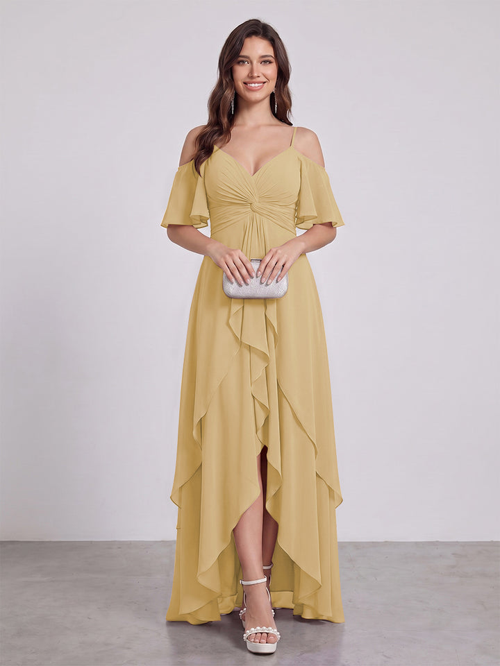 A-Line/Princess Spaghetti Straps Half Sleeves V-Neck Bridesmaid Dresses With Ruffles
