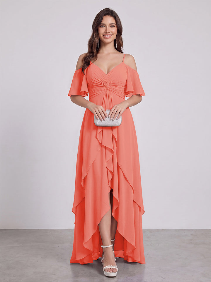 A-Line/Princess Spaghetti Straps Half Sleeves V-Neck Bridesmaid Dresses With Ruffles