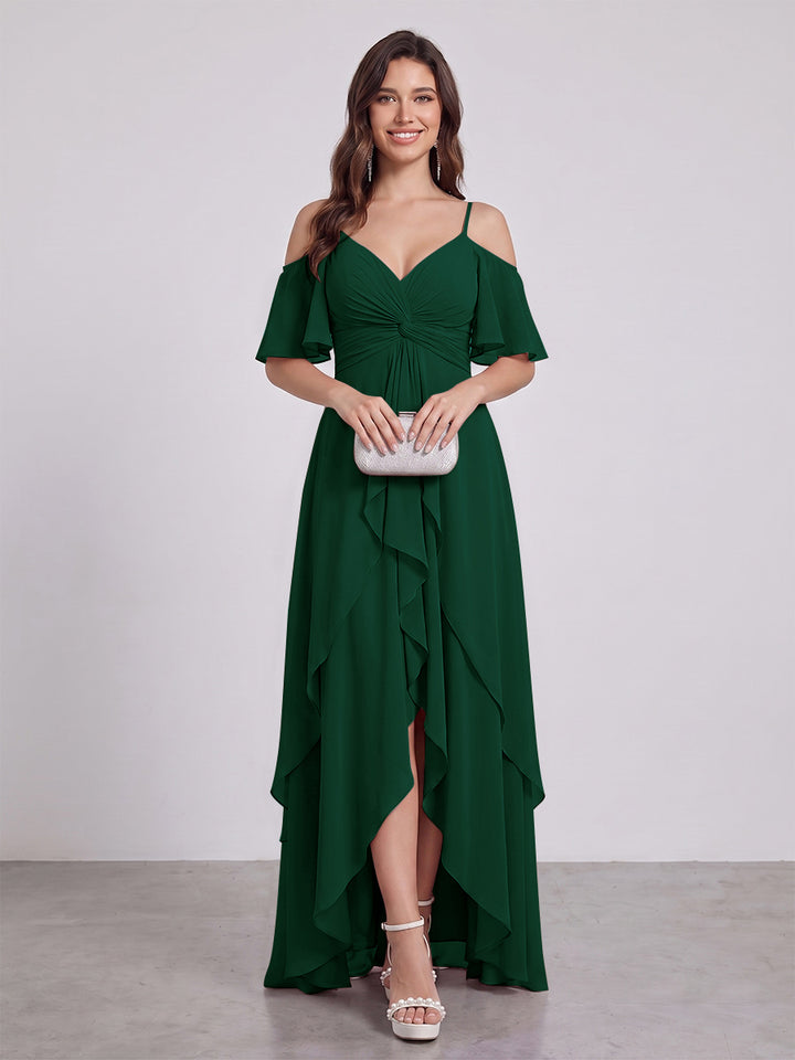 A-Line/Princess Spaghetti Straps Half Sleeves V-Neck Bridesmaid Dresses With Ruffles